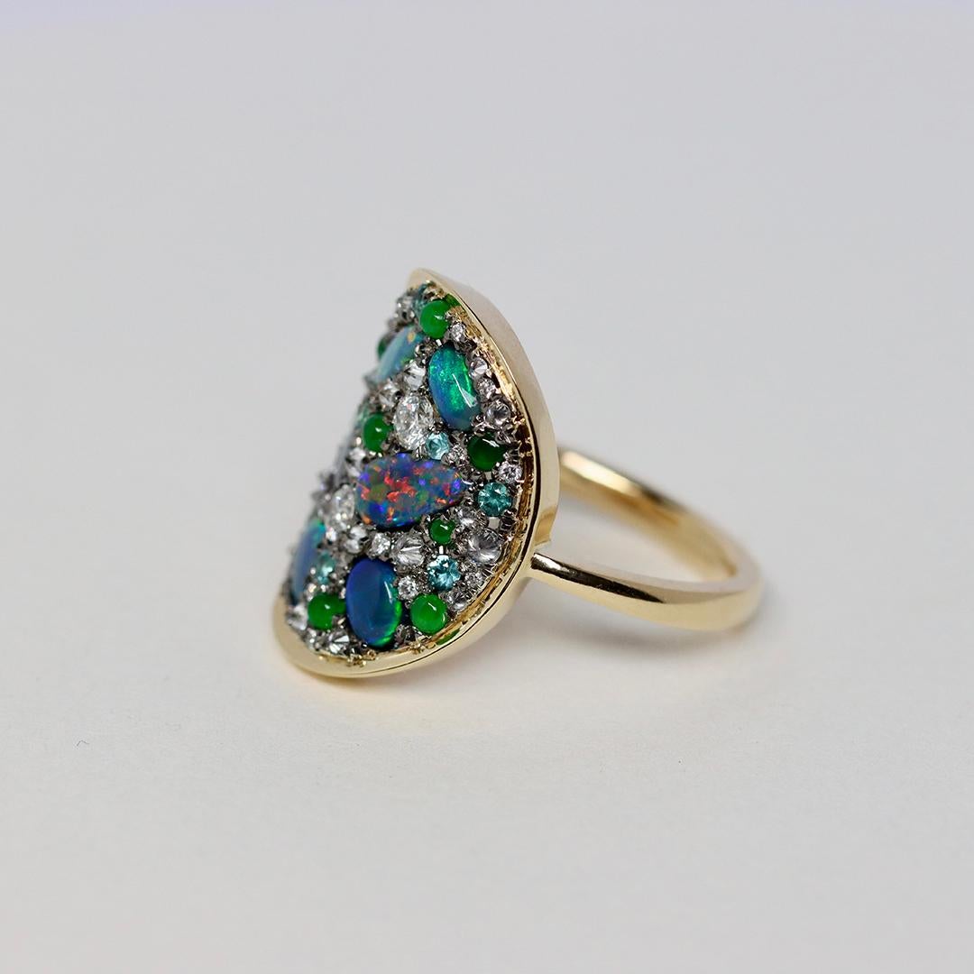 Mixed Cut Joke Quick Black Opal + Jadeite + Paraiba Tourmaline + Diamond Pavé Mosaic Ring For Sale