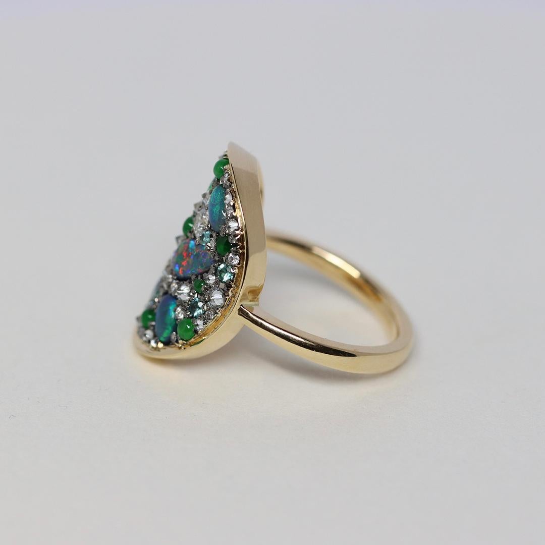 Joke Quick Black Opal + Jadeite + Paraiba Tourmaline + Diamond Pavé Mosaic Ring In New Condition For Sale In Antwerp, BE