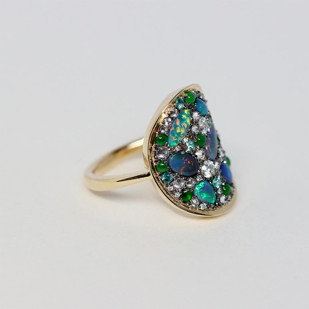 Joke Quick Black Opal + Jadeite + Paraiba Tourmaline + Diamond Pavé Mosaic Ring For Sale 3