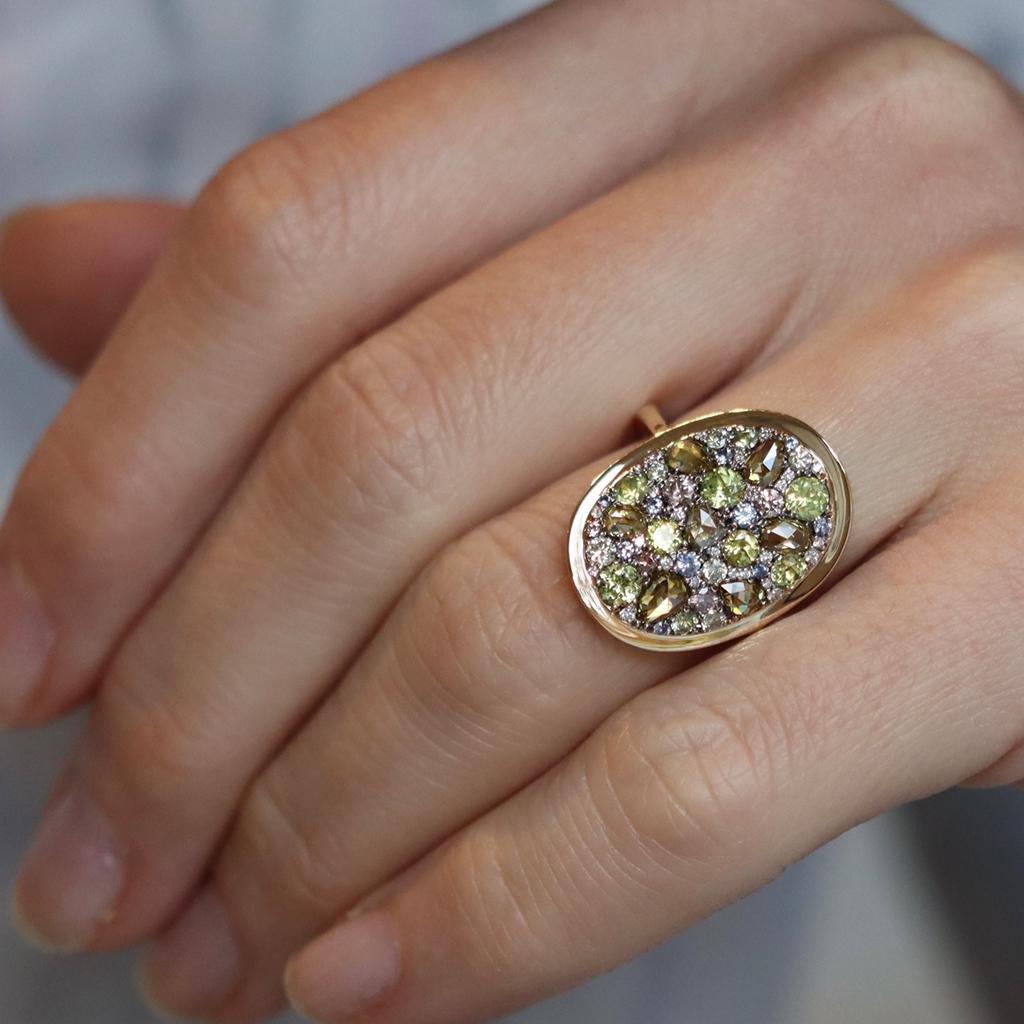 schneller Chrysoberyll-Saphir-Ring mit gelbem, rosa-weiem Diamanten im Rosenschliff im Angebot 5