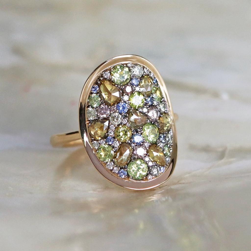 schneller Chrysoberyll-Saphir-Ring mit gelbem, rosa-weiem Diamanten im Rosenschliff im Angebot 2