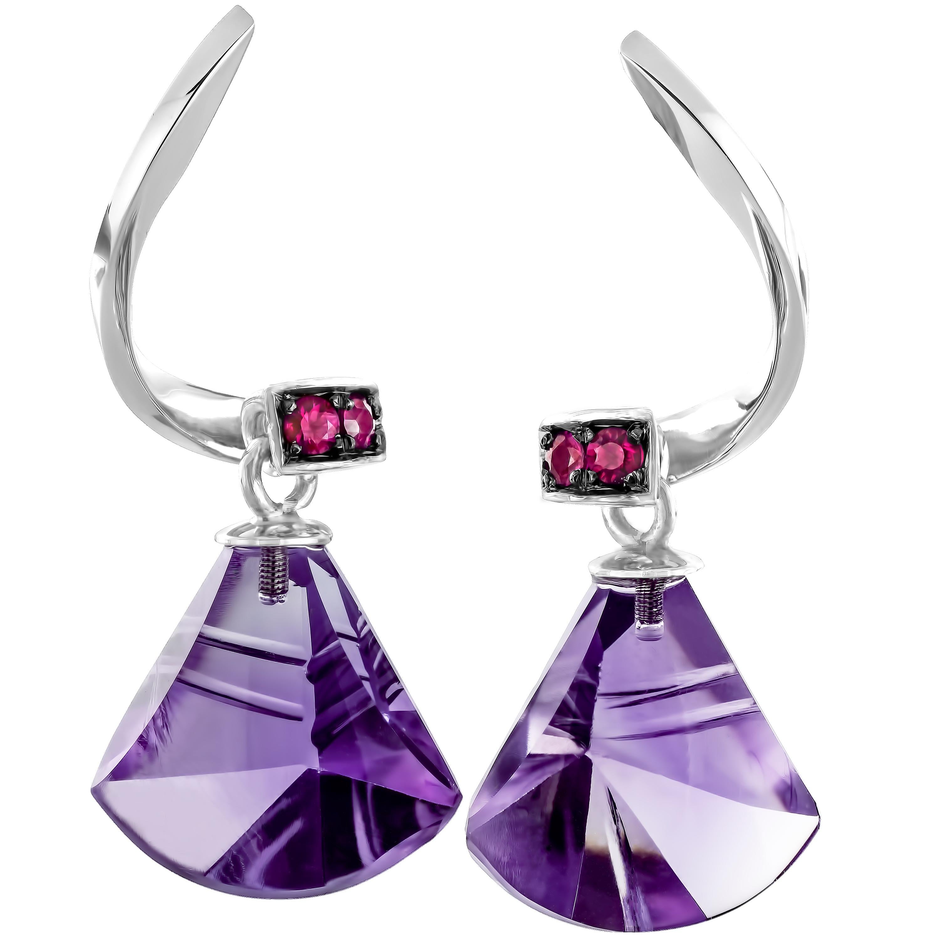 Joke Quick Custom-Cut Amethyst and Ruby White Gold Spiral Drop Earrings