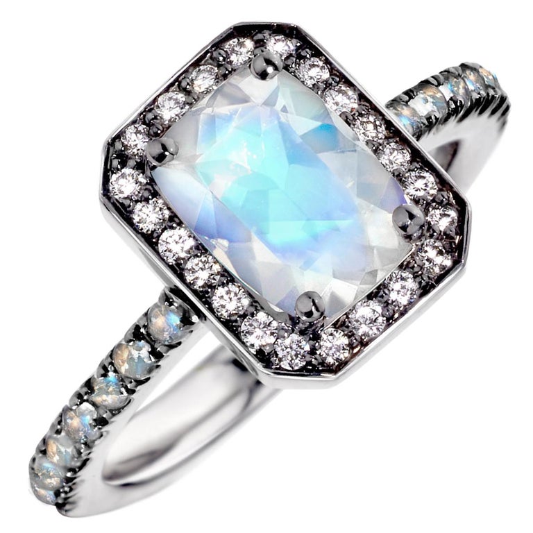 Joke Quick Faceted Rainbow Moonstone White Diamond Twilight Ring For Sale