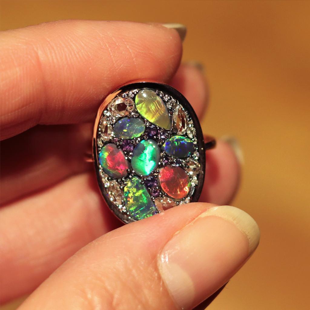 Joke Quick Flash Black Opal Alexandrite Rose-Cut Diamond Mosaic Ring 9