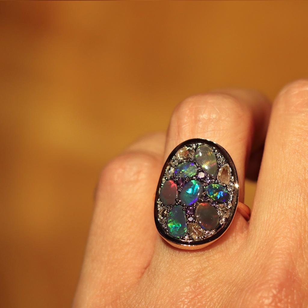 Joke Quick Flash Black Opal Alexandrite Rose-Cut Diamond Mosaic Ring 11