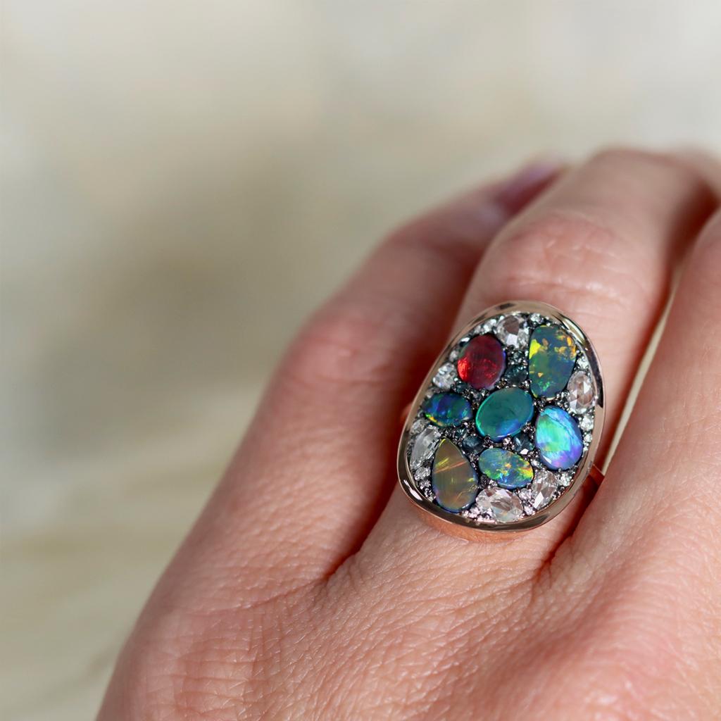 Art Nouveau Joke Quick Flash Black Opal Alexandrite Rose-Cut Diamond Mosaic Ring