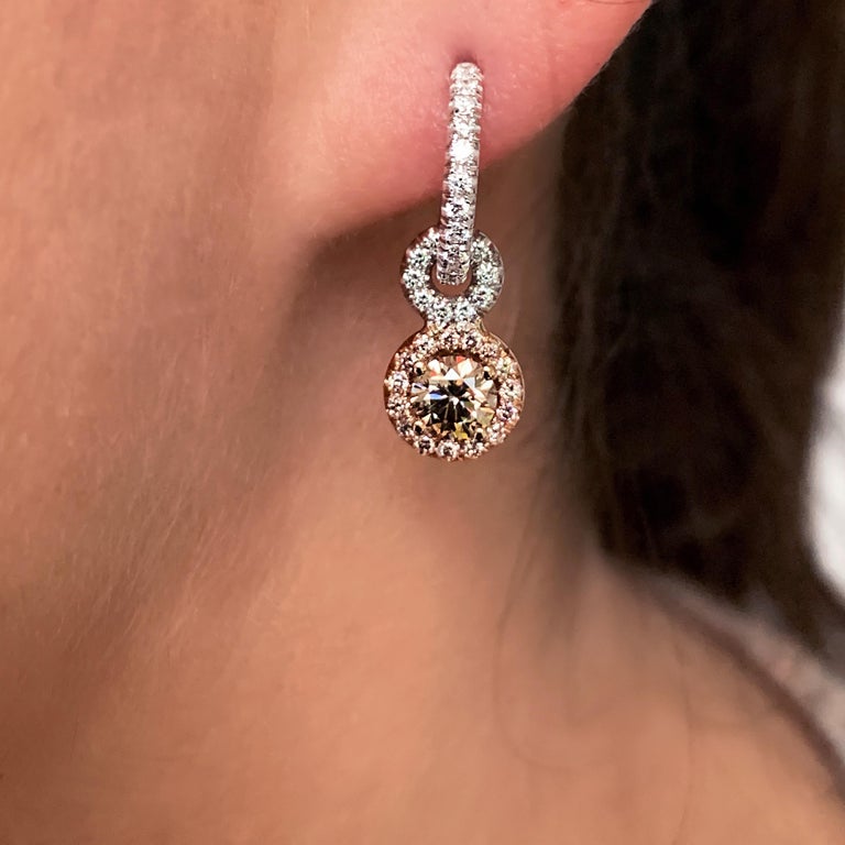 Joke Quick Handmade Mismatched Brown Pink White Diamond Hoop Earrings with Charm at 1stDibs