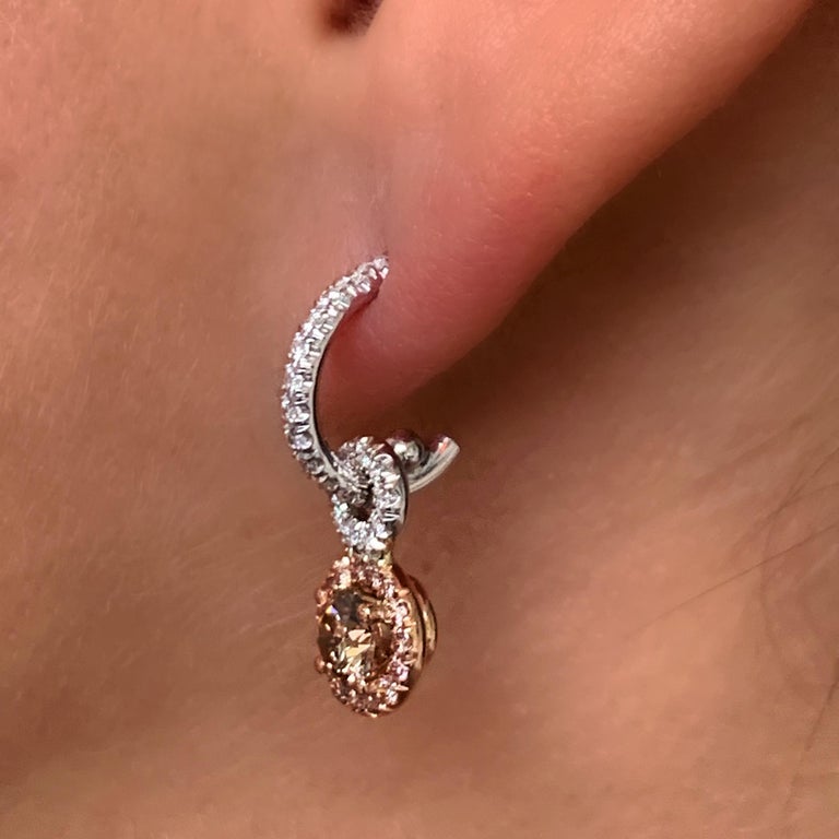 Joke Quick Handmade Mismatched Brown Pink White Diamond Hoop Earrings with Charm at 1stDibs