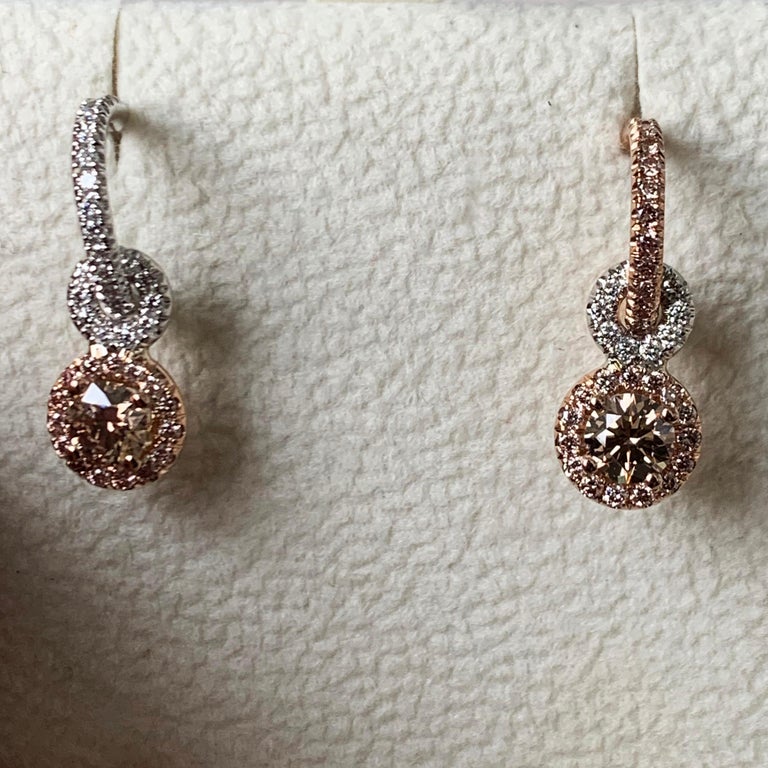 Joke Quick Handmade Mismatched Brown Pink White Diamond Hoop Earrings with Charm at 1stDibs