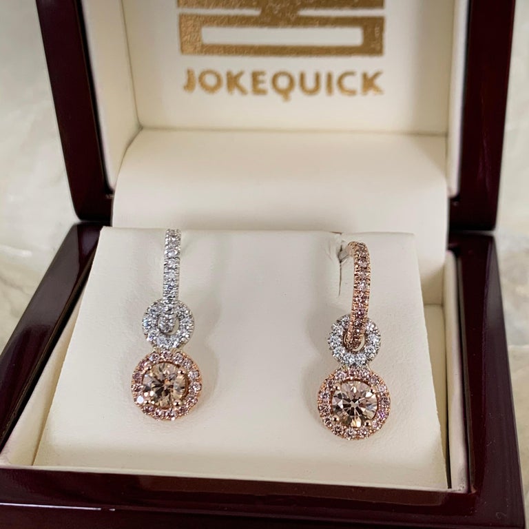 Joke Quick Handmade Mismatched Brown Pink White Diamond Hoop Earrings with Charm at 1stDibs