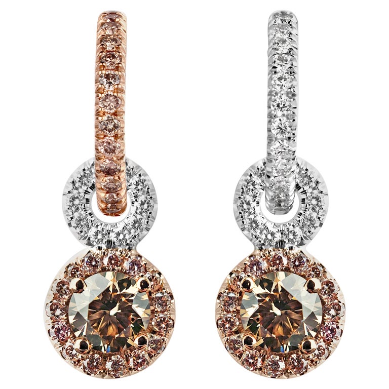 Joke Quick Handmade Mismatched Brown Pink White Diamond Hoop Earrings with Charm at 1stDibs