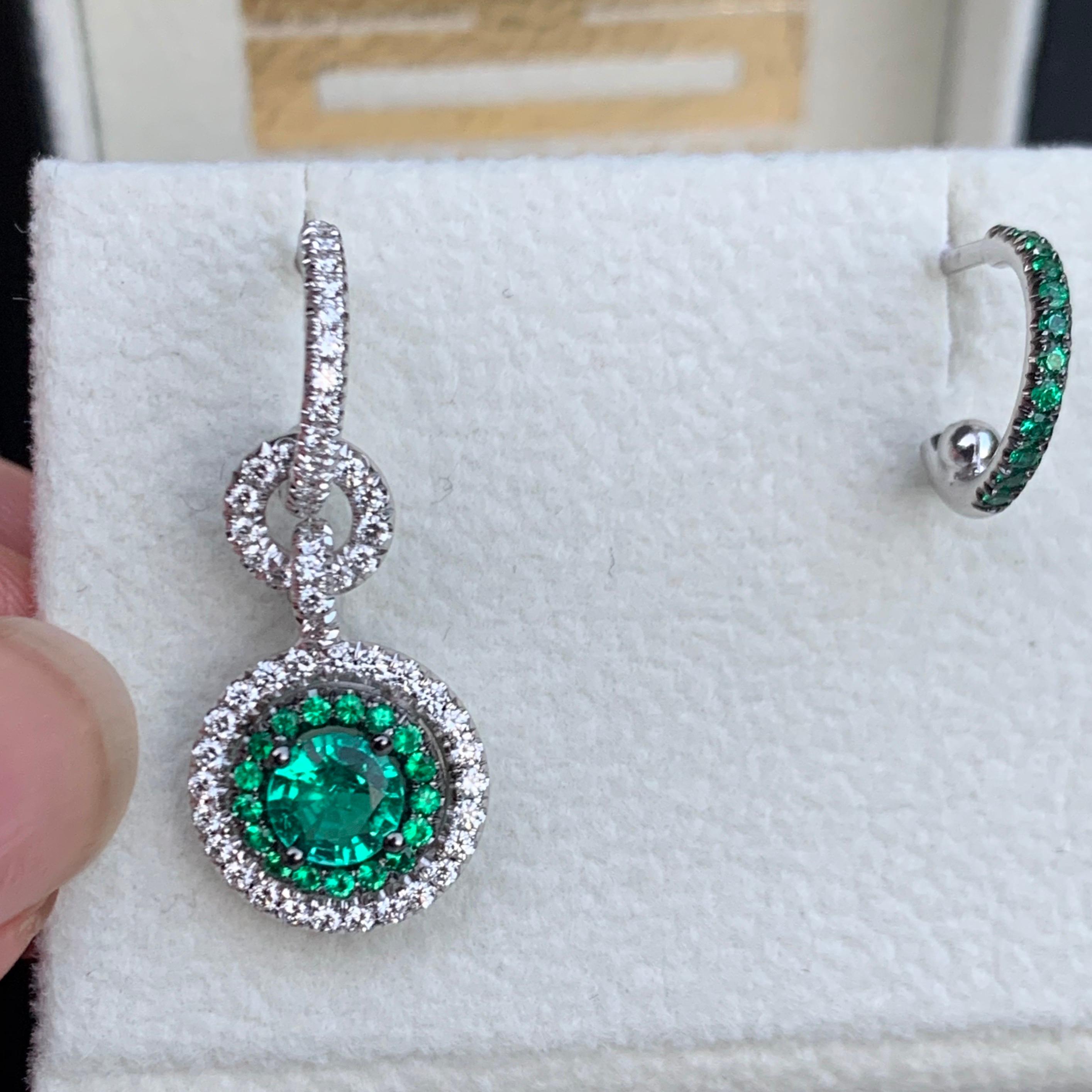 Contemporary Joke Quick Handmade Mismatched Columbian Emerald and Diamond Earrings