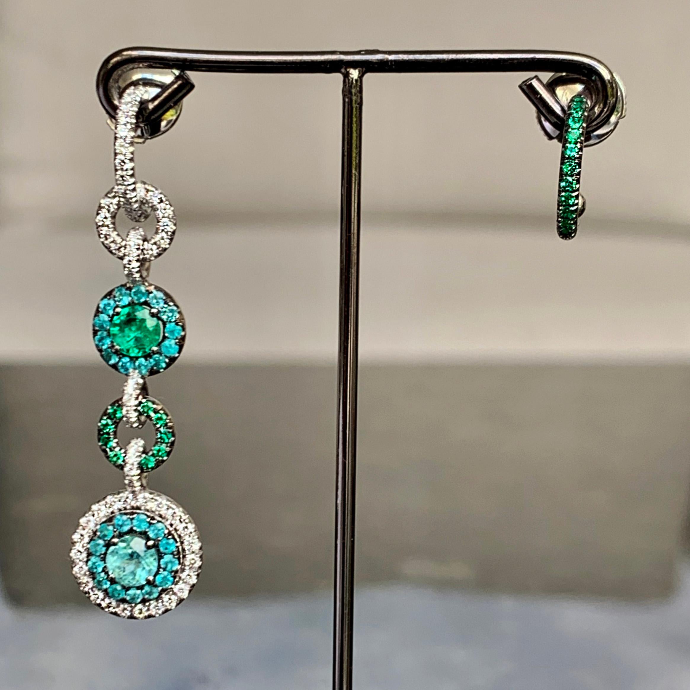Joke Quick Handmade Paraïba Tourmaline, Emerald and Diamond Mismatched Earrings 5