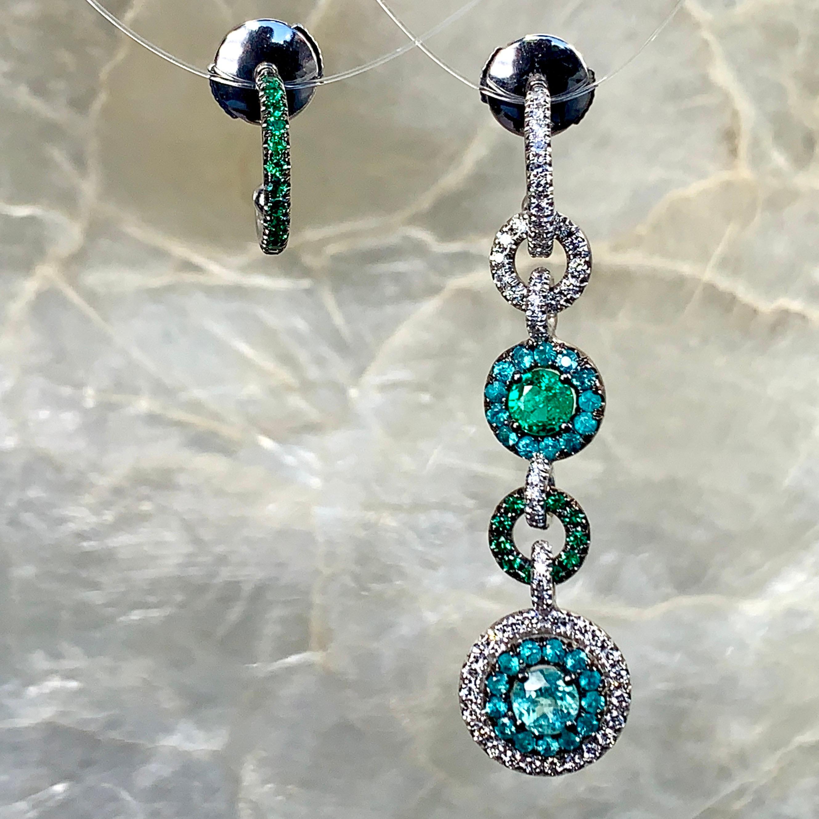 Joke Quick Handmade Paraïba Tourmaline, Emerald and Diamond Mismatched Earrings 14