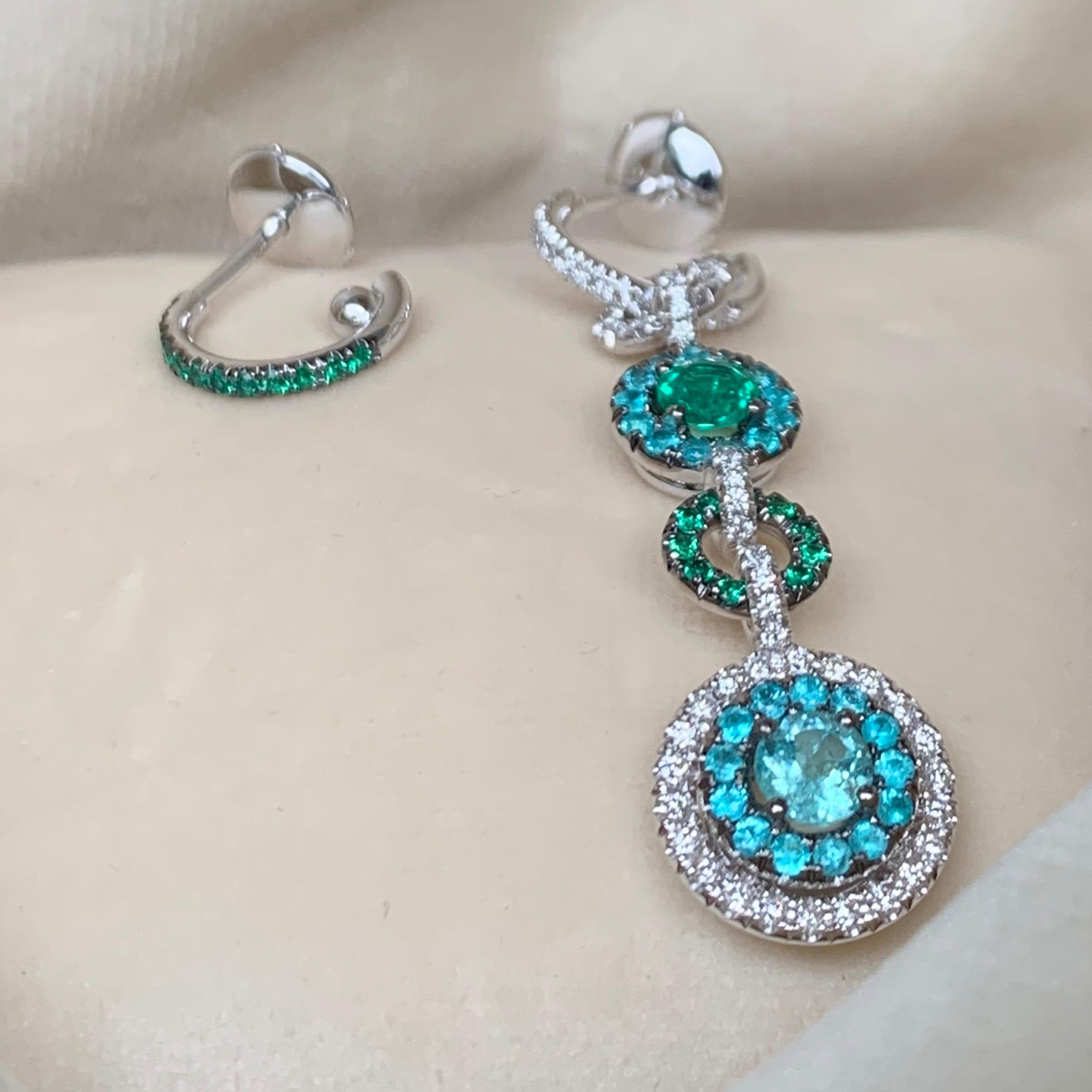 Contemporary Joke Quick Handmade Paraïba Tourmaline, Emerald and Diamond Mismatched Earrings