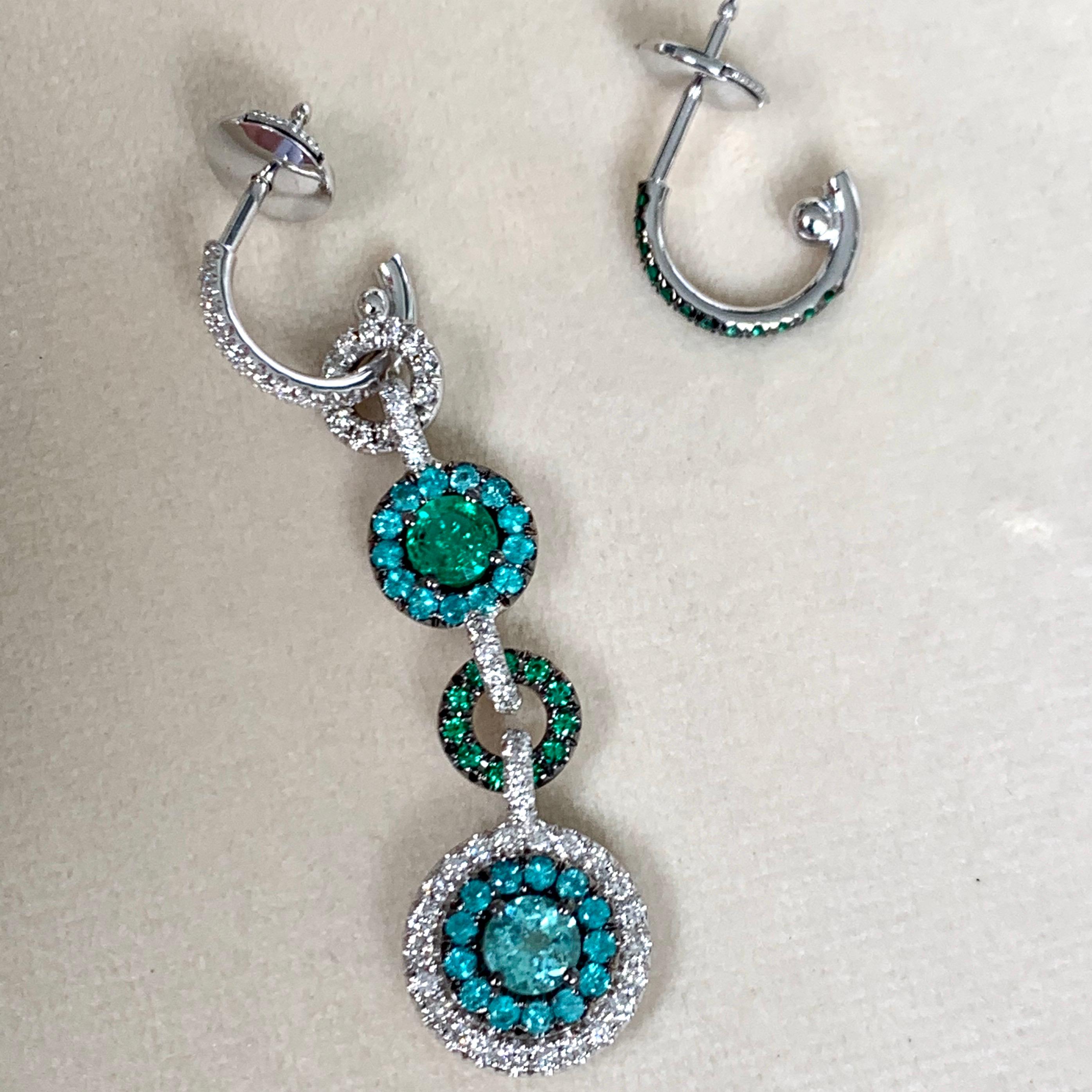 Women's Joke Quick Handmade Paraïba Tourmaline, Emerald and Diamond Mismatched Earrings