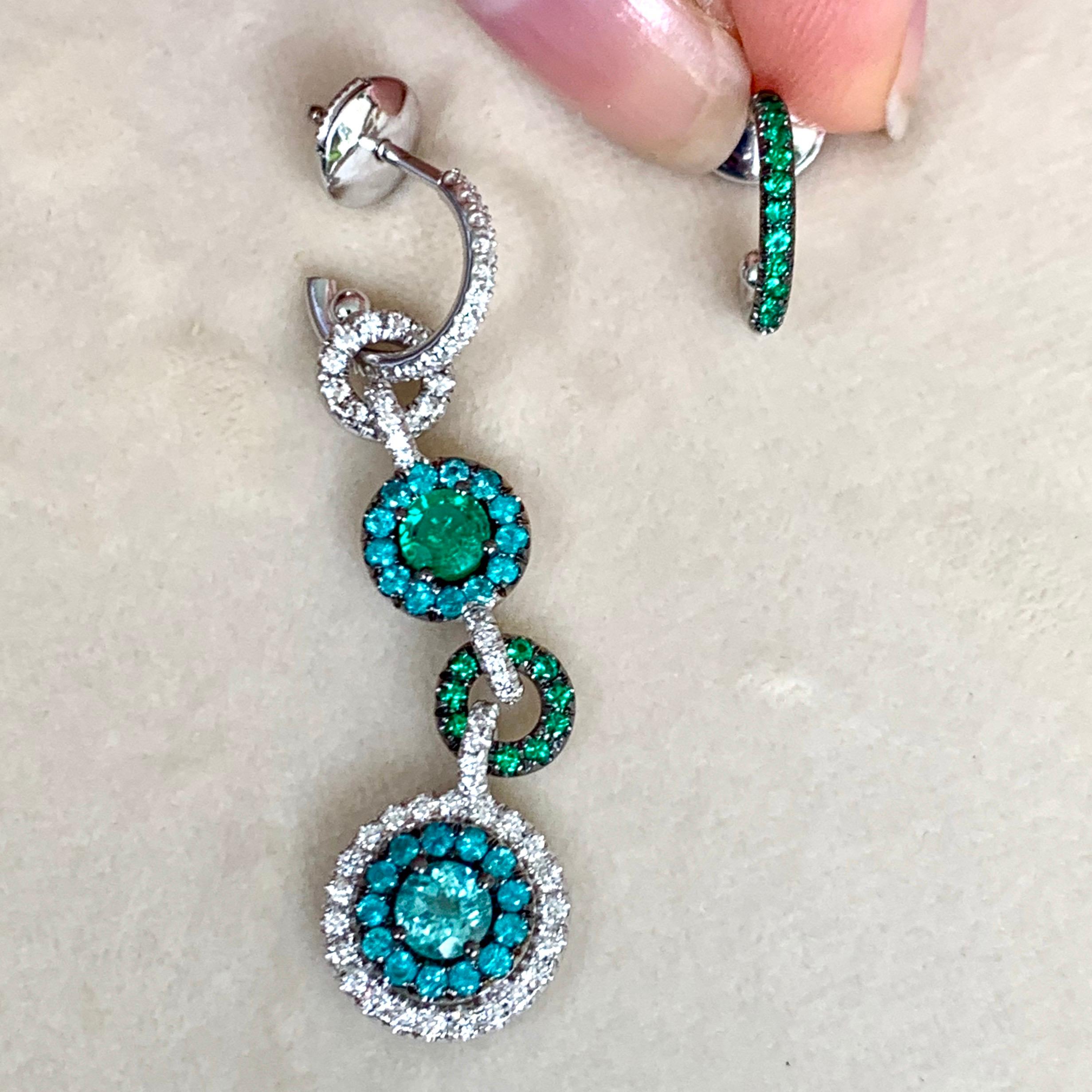 Joke Quick Handmade Paraïba Tourmaline, Emerald and Diamond Mismatched Earrings 2