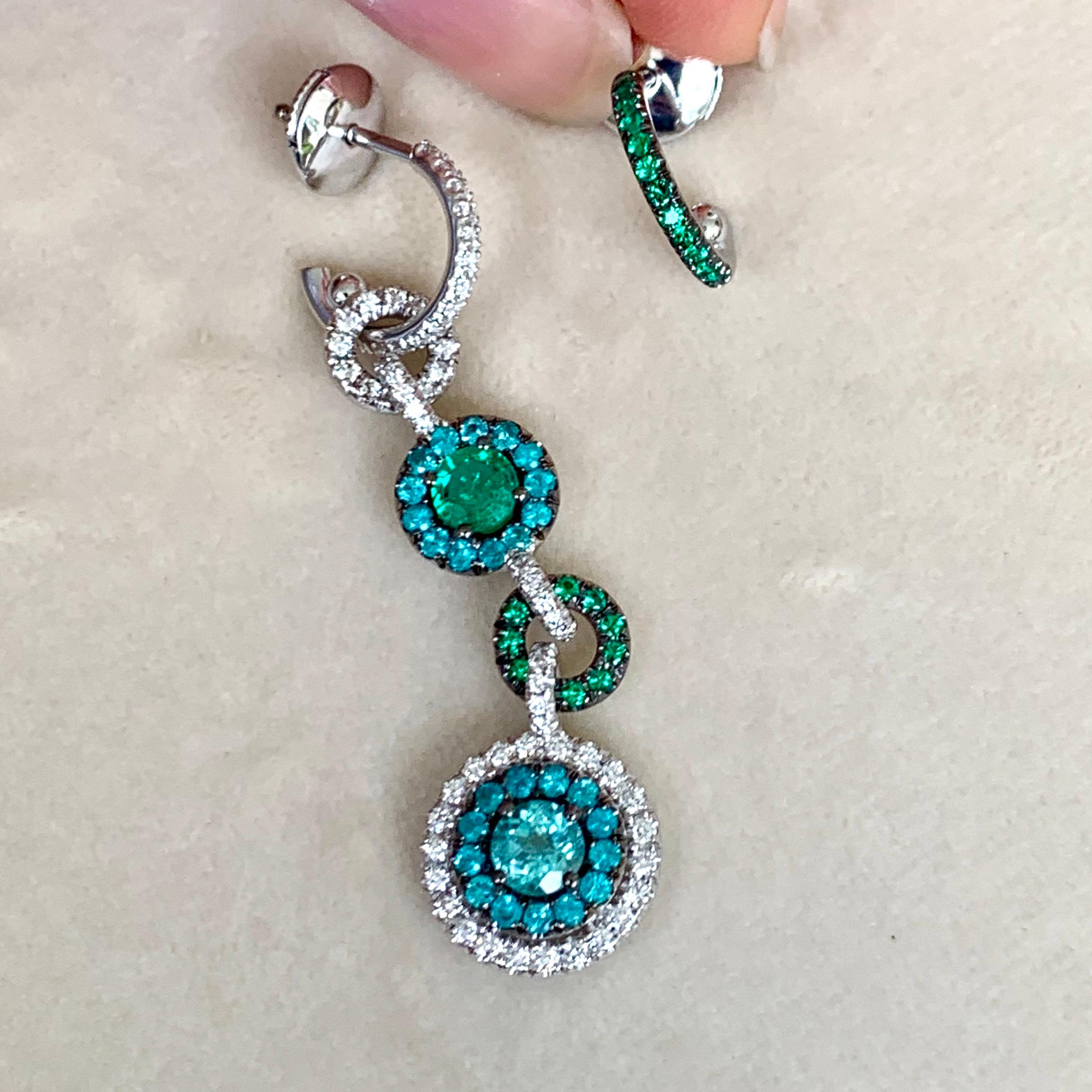 Joke Quick Handmade Paraïba Tourmaline, Emerald and Diamond Mismatched Earrings 3