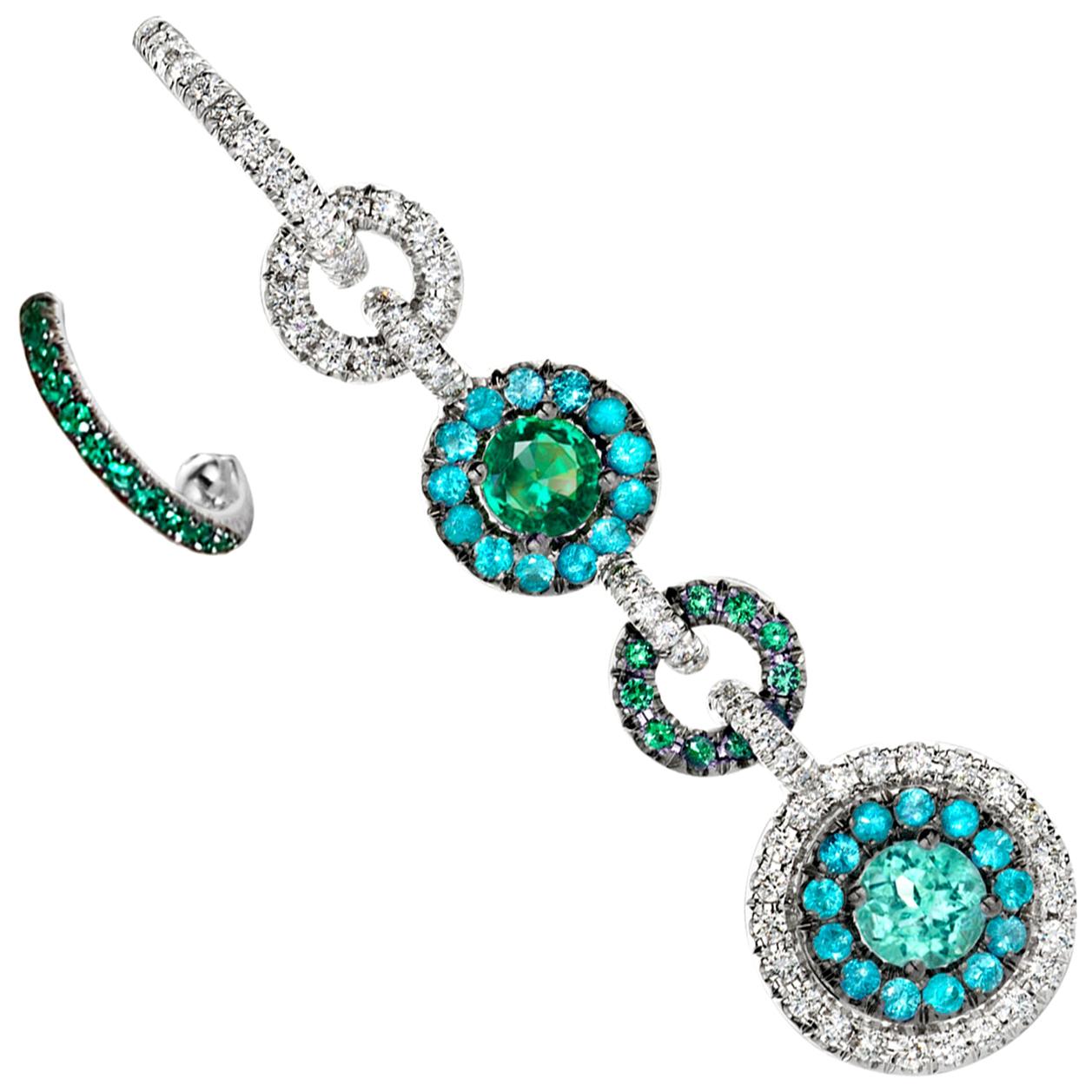 Joke Quick Handmade Paraïba Tourmaline, Emerald and Diamond Mismatched Earrings
