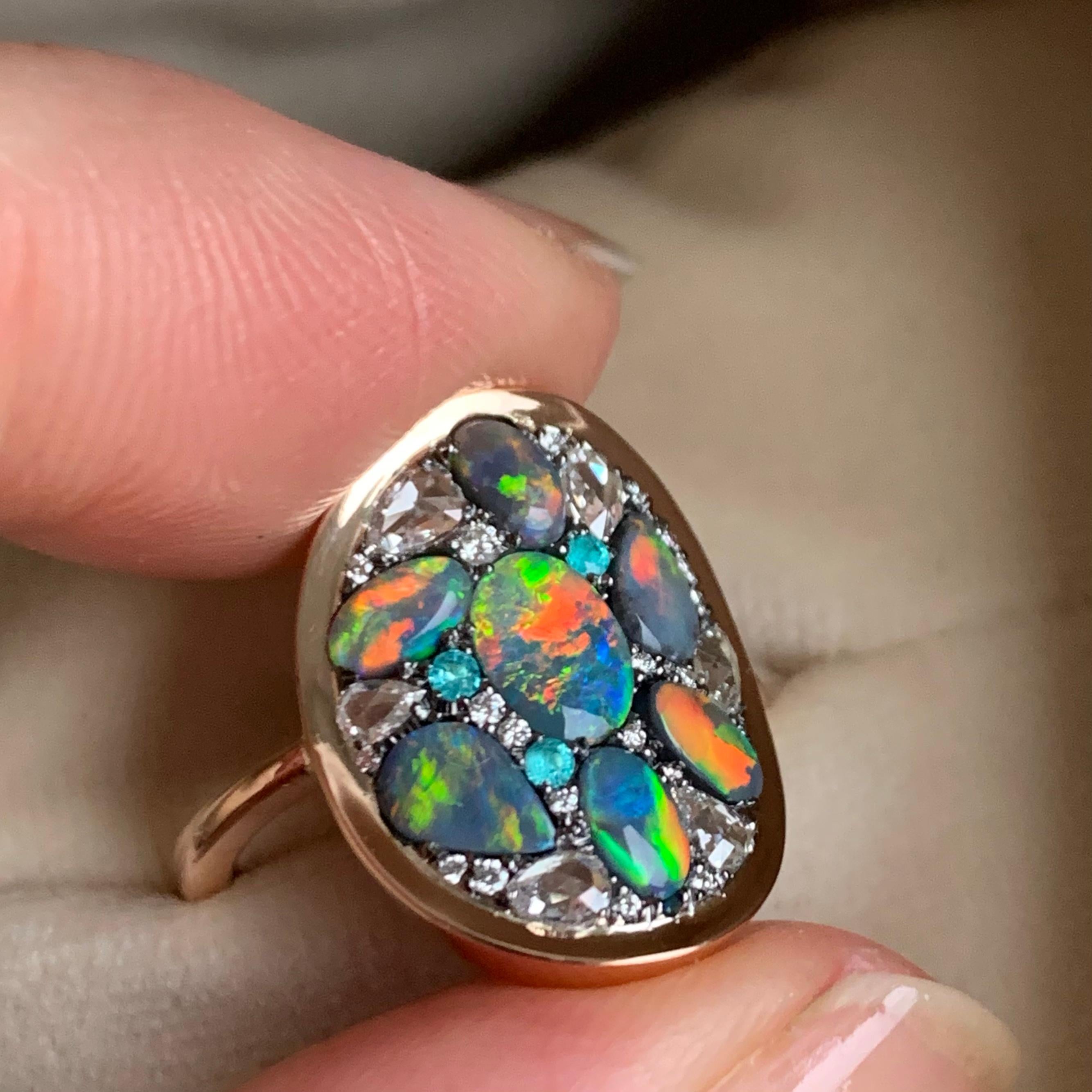 Art Nouveau Joke Quick Lightning Ridge Black Opal Diamond Paraiba Tourmaline Mosaic Ring