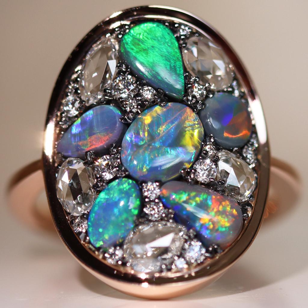 Women's or Men's Joke Quick Lightning Ridge Black Opal Rose-Cut Diamond Mosaic Ring