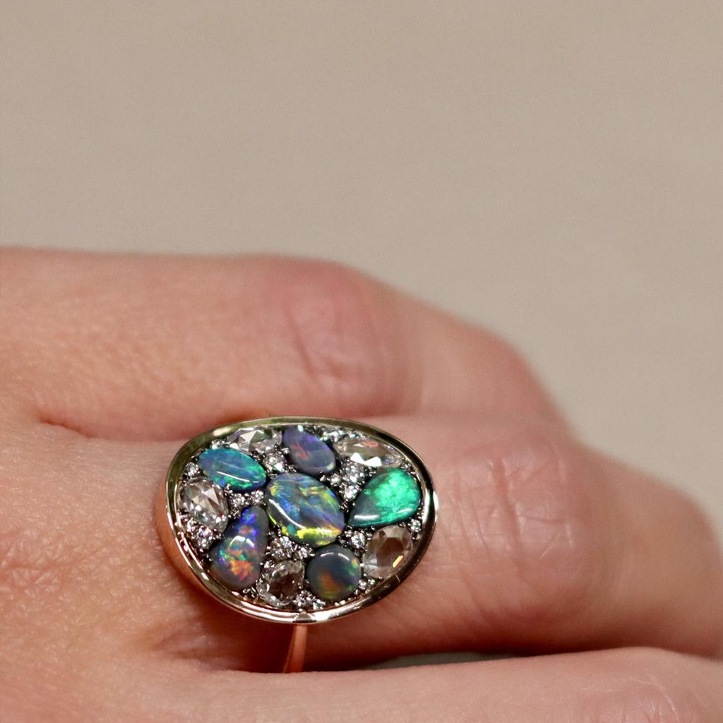 Joke Quick Lightning Ridge Black Opal Rose-Cut Diamond Mosaic Ring 2