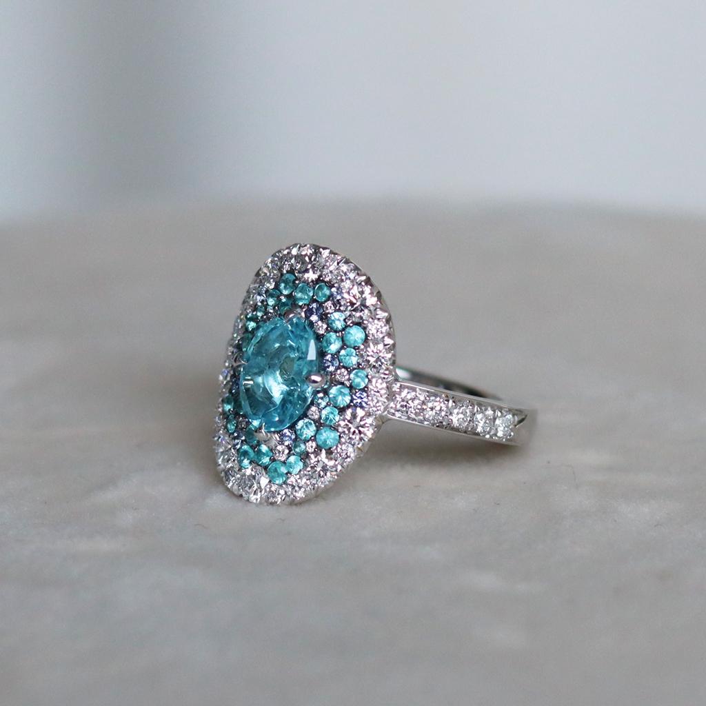 Women's or Men's Joke Quick Neon Paraiba Tourmaline Diamond Unheated Blue Sapphire Ring