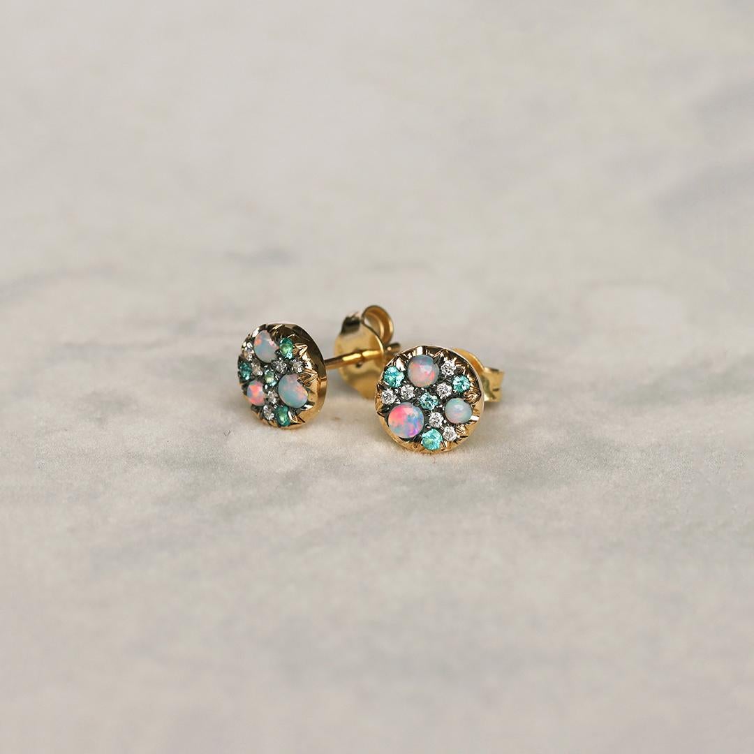 Contemporary Joke Quick Opal Paraiba Tourmaline Diamond Yellow Gold Pave Stud Earrings