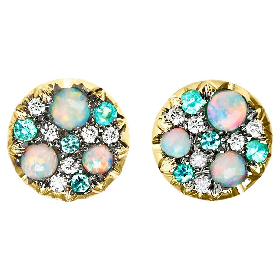 Joke Quick Opal Paraiba Tourmaline Diamond Yellow Gold Pave Stud Earrings