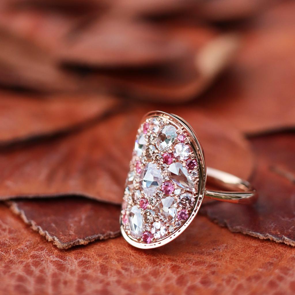 Joke Quick Pink Diamond Unheated Pink Sapphire Intense Pink Spinel Mosaic Ring 1