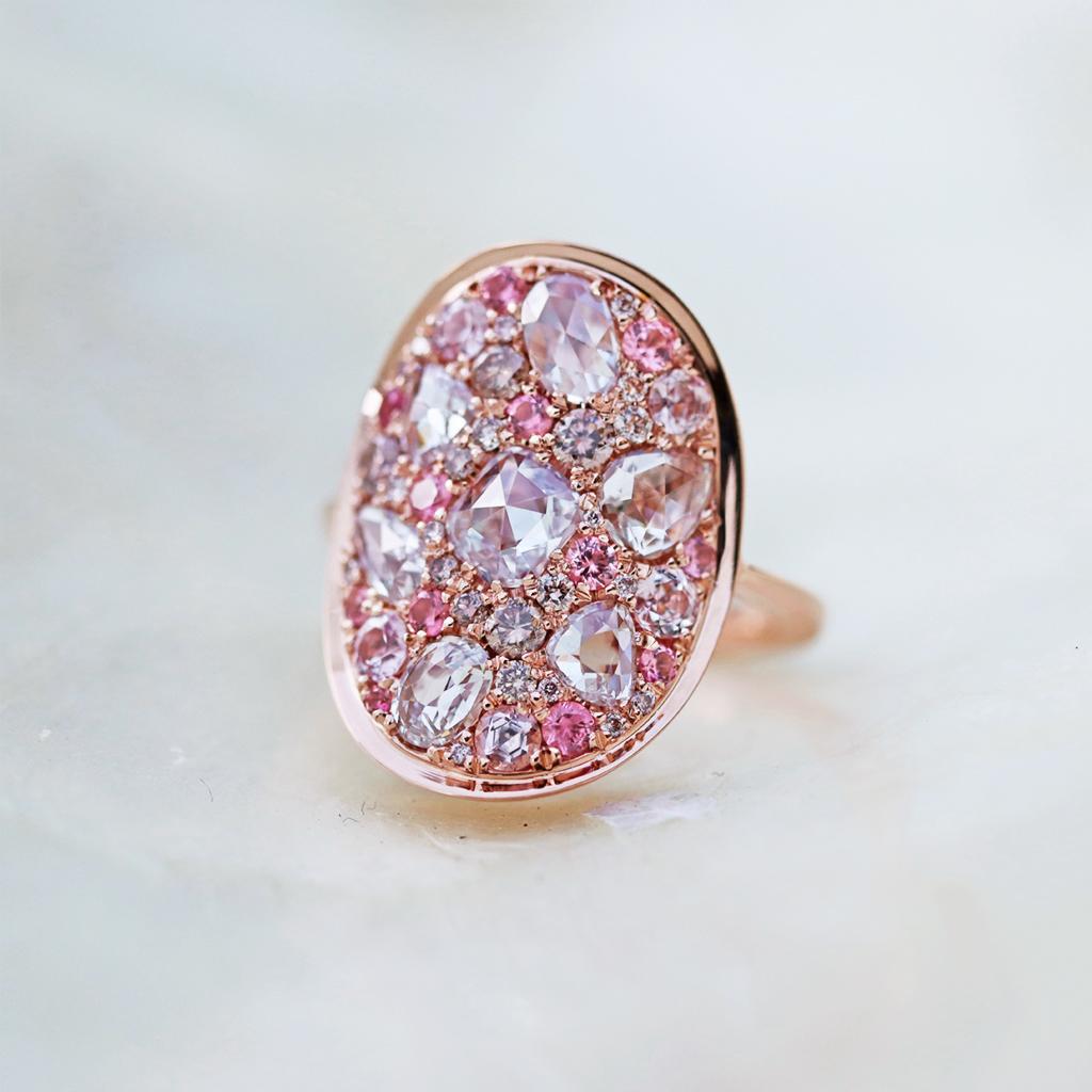 Rose Cut Joke Quick Pink Diamond Unheated Pink Sapphire Intense Pink Spinel Mosaic Ring