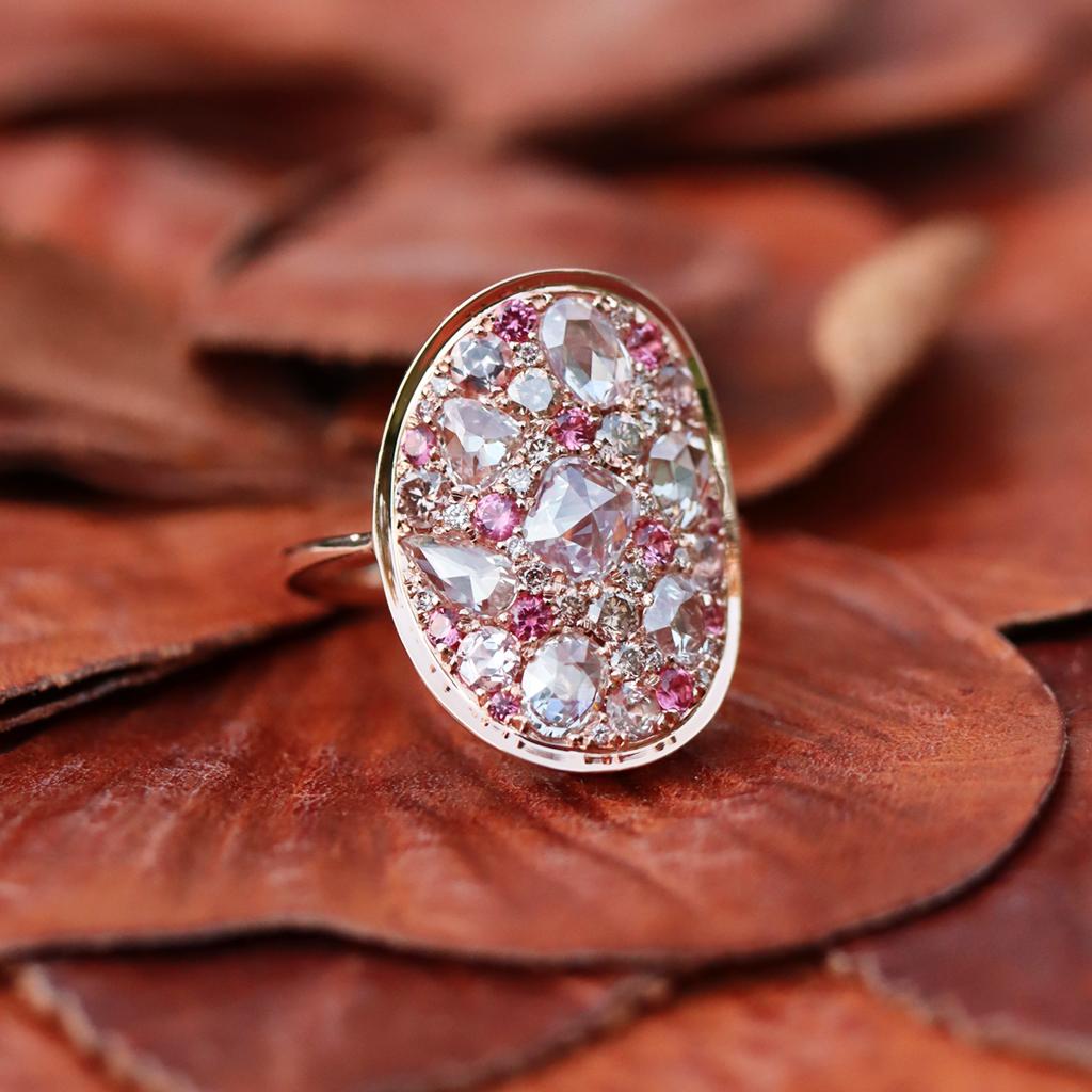 Women's Joke Quick Pink Diamond Unheated Pink Sapphire Intense Pink Spinel Mosaic Ring