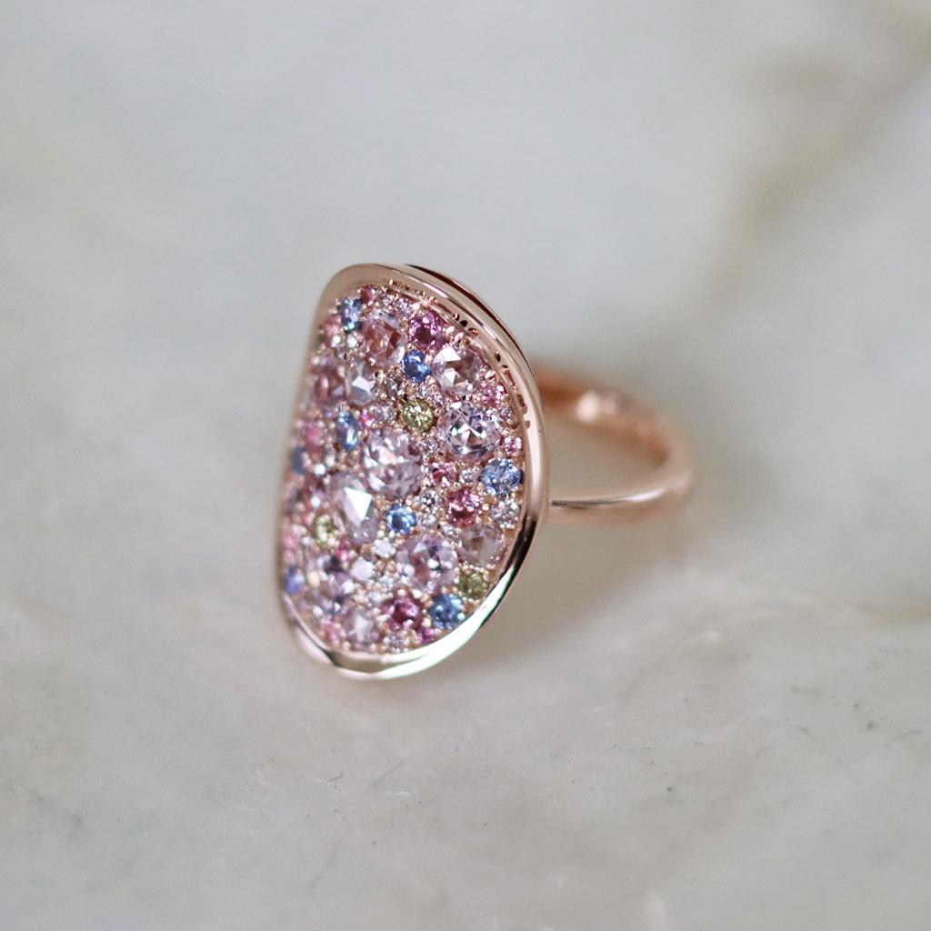 Joke Quick Pink Diamond Unheated Sapphire Pink Spinel Green Diamond Mosaic Ring 3