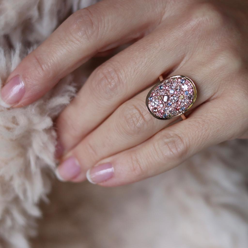 Joke Quick Pink Diamond Unheated Sapphire Pink Spinel Green Diamond Mosaic Ring 4