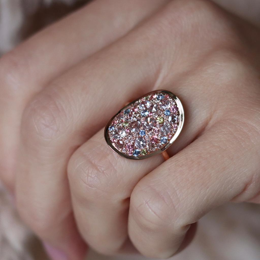 Joke Quick Pink Diamond Unheated Sapphire Pink Spinel Green Diamond Mosaic Ring 9