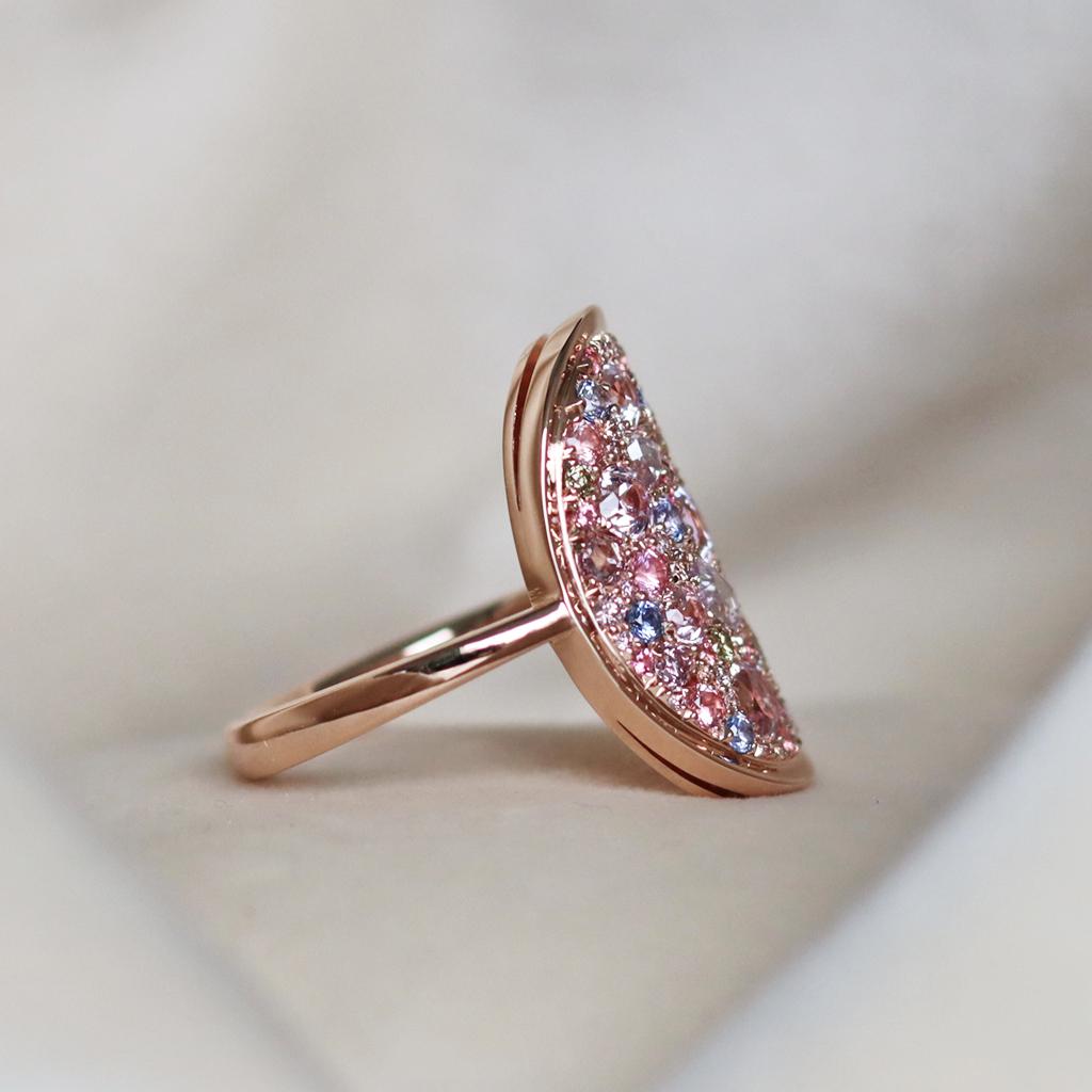 Art Nouveau Joke Quick Pink Diamond Unheated Sapphire Pink Spinel Green Diamond Mosaic Ring