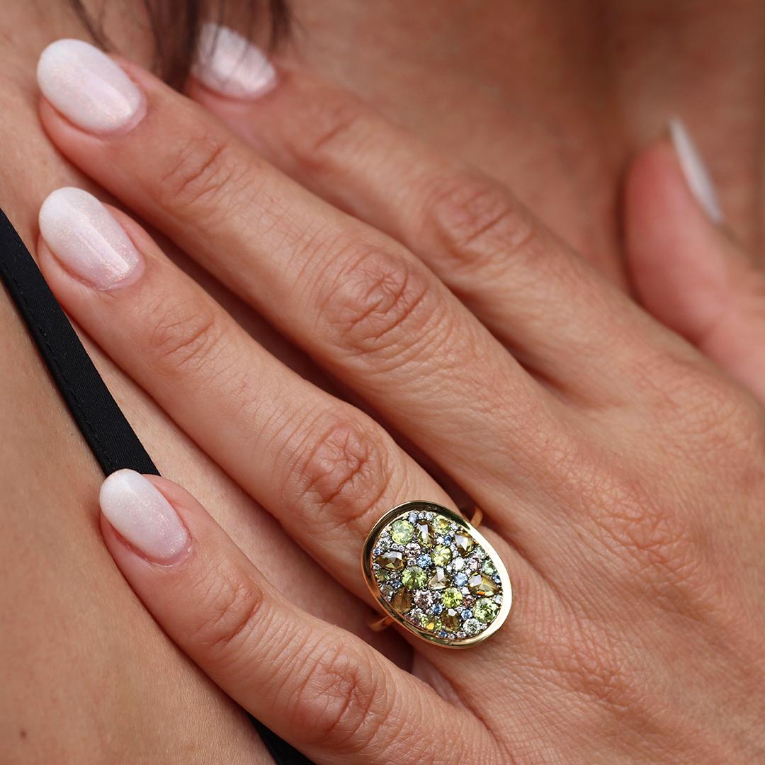 Joke Quick Rosenschliff Gelb Pink Diamond Weiß Diamant Chrysoberyll Blau Saphir Ring im Angebot 5