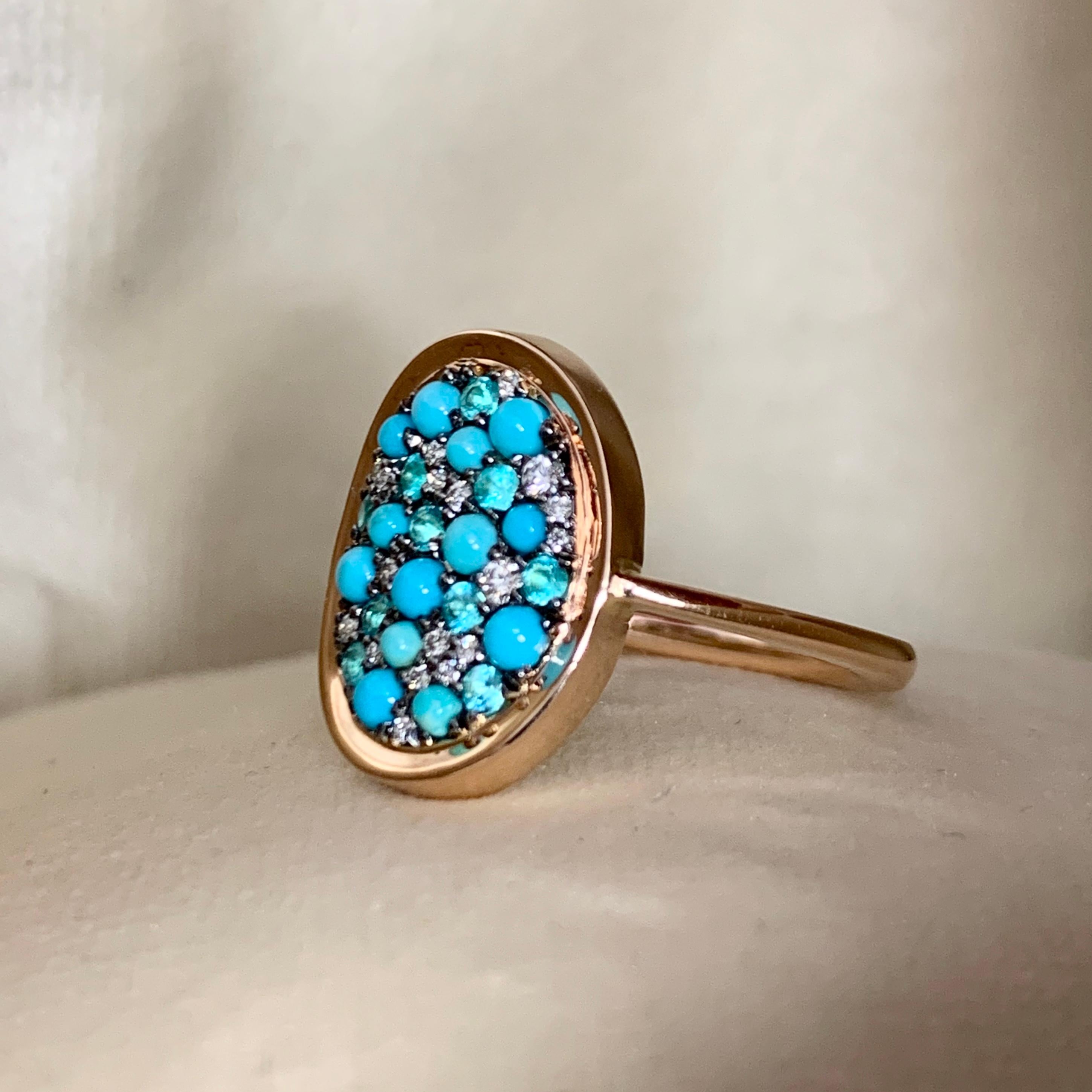 Round Cut Joke Quick Turquoise, Paraïba tourmalines & Diamond ring