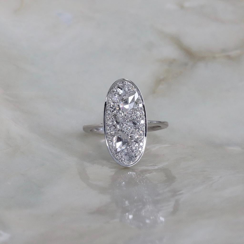 This one of a kind ring in 18 K White gold, handmade in Belgium by jewellery designer Joke Quick, showcases a breathtaking array of top-quality white brilliant-cut diamonds and white rosecut diamonds, perfectly set to catch the light from every