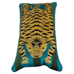 Jokhang Tiger Schumacher Fabric Pillow in contrasting black velvet
