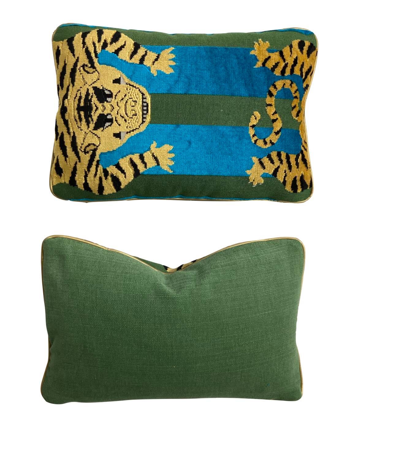 Contemporary Jokhang Tiger Velvet Peacock & Olive Lumbar Pillows