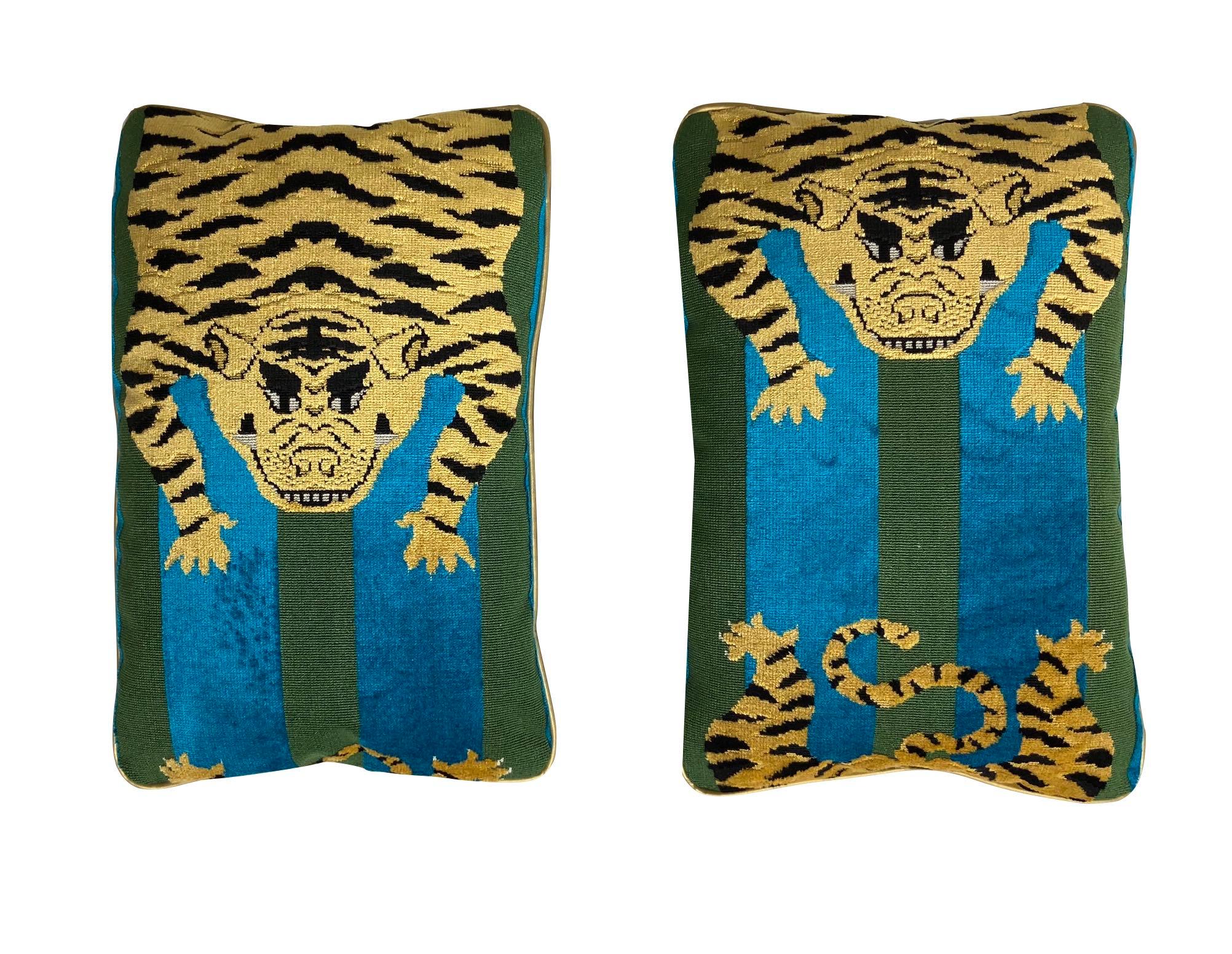Linen Jokhang Tiger Velvet Peacock & Olive Lumbar Pillows
