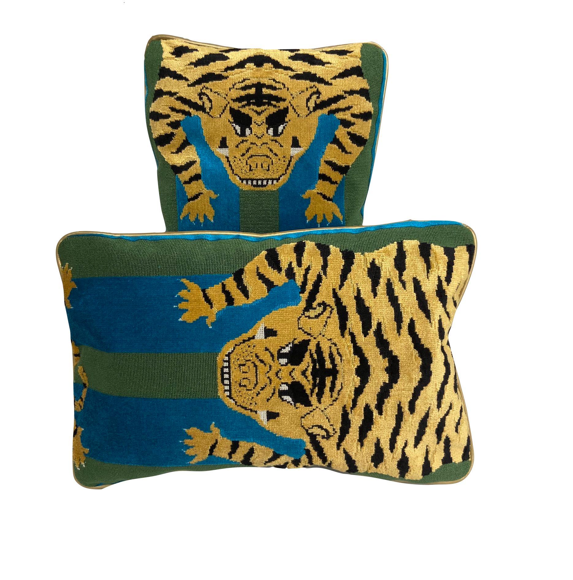 Jokhang Tiger Velvet Peacock & Olive Lumbar Pillows 2