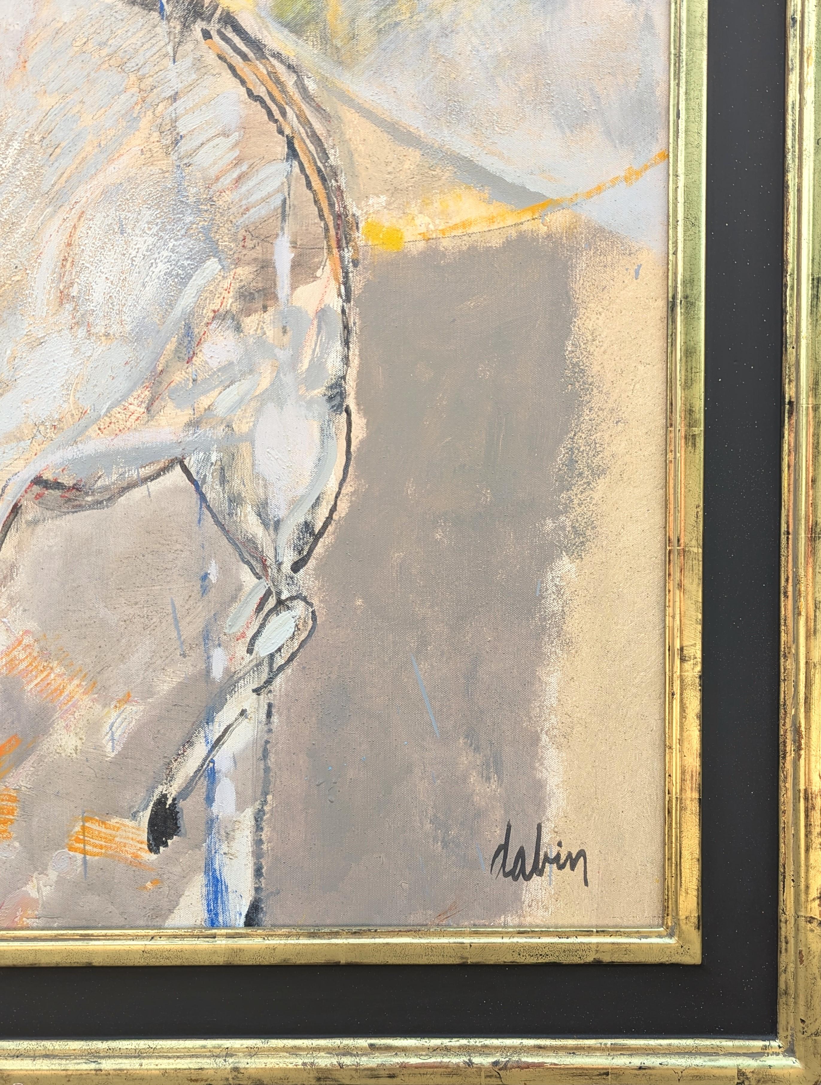 Cuadro expresionista abstracto moderno en tonos azules del pintor francés Joël Dabin. La obra muestra un grupo de caballos corriendo sobre un fondo abstracto amarillo, naranja y azul claro. Firmado en la esquina inferior derecha del anverso, así