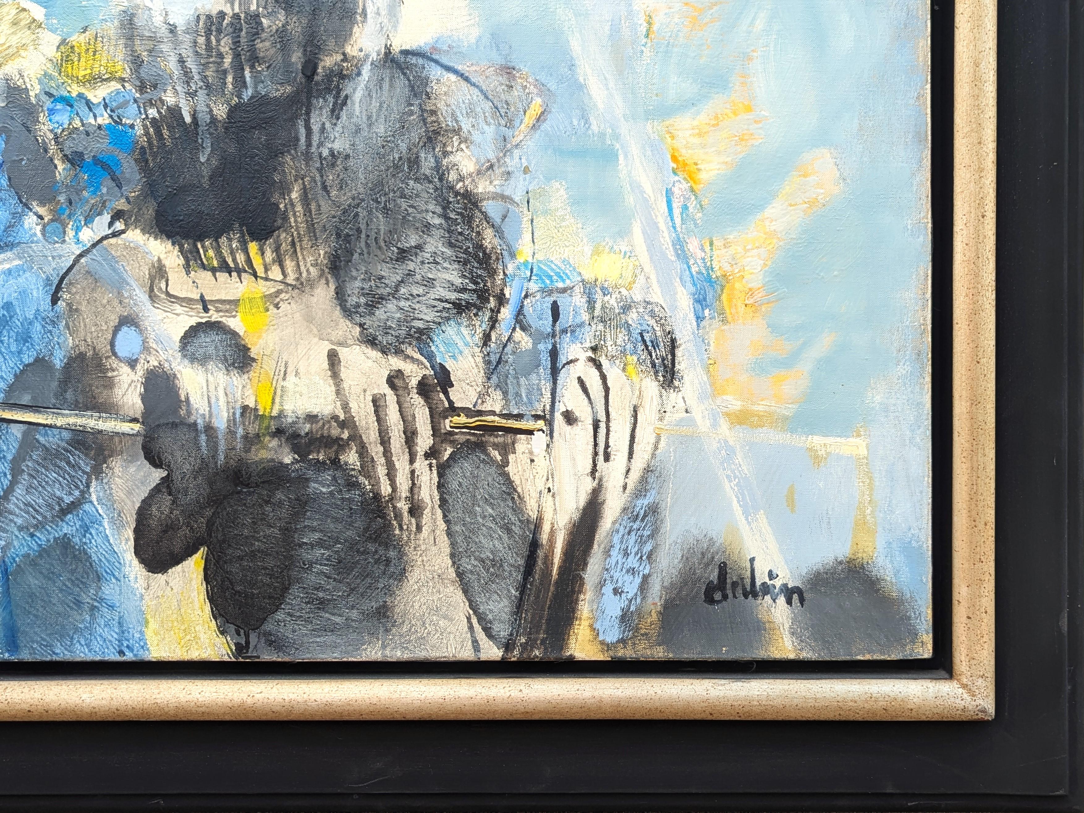 Cuadro moderno de figura expresionista abstracta en tonos azules del pintor francés Joël Dabin. La obra presenta una pintura central de figura suelta del protagonista de la novela clásica de Miguel de Cervantes Don Quijote. Firmado en la esquina
