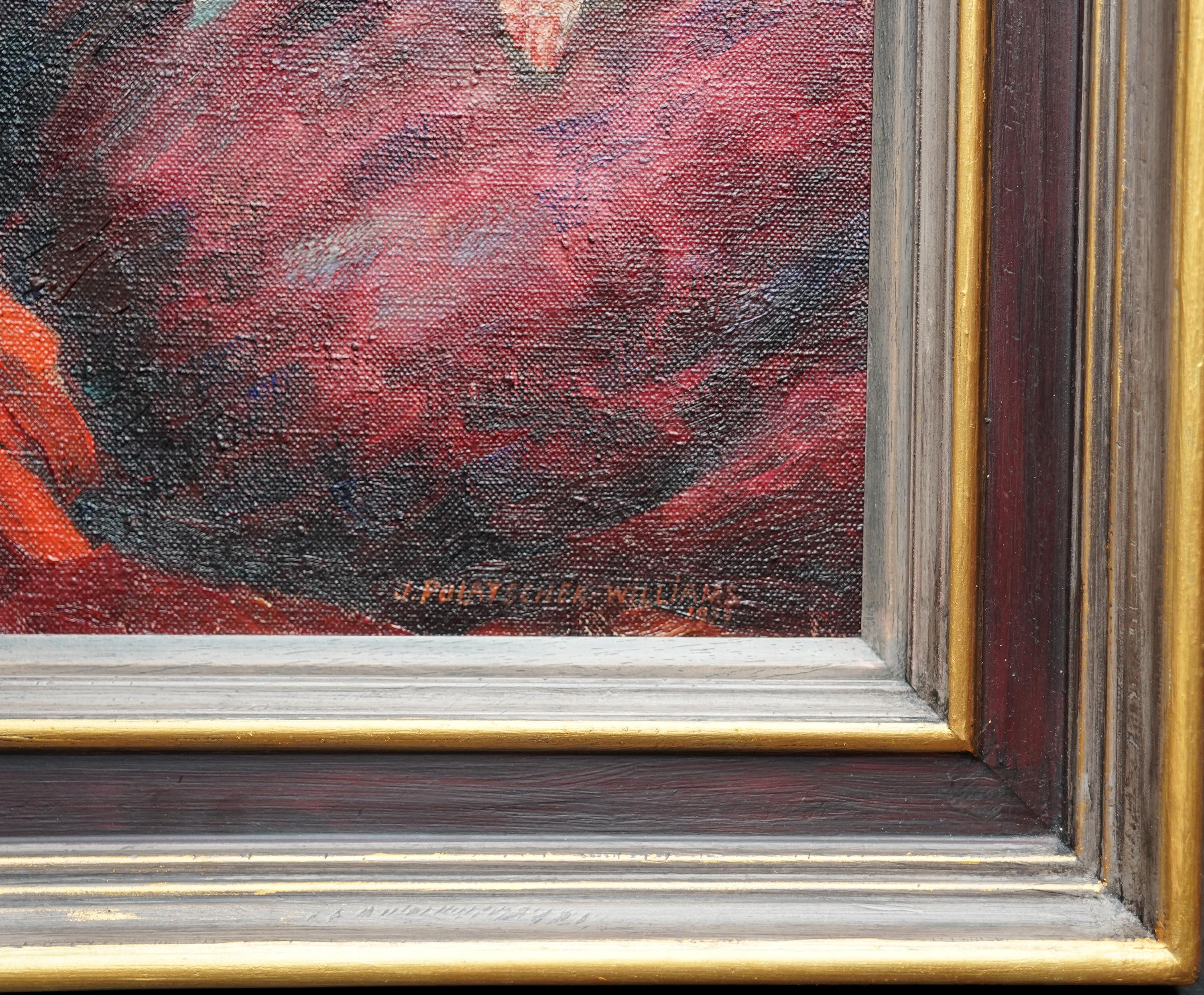 Portrait de Molly dans le Beret rouge - Peinture à l'huile Art déco britannique des années trente en vente 7