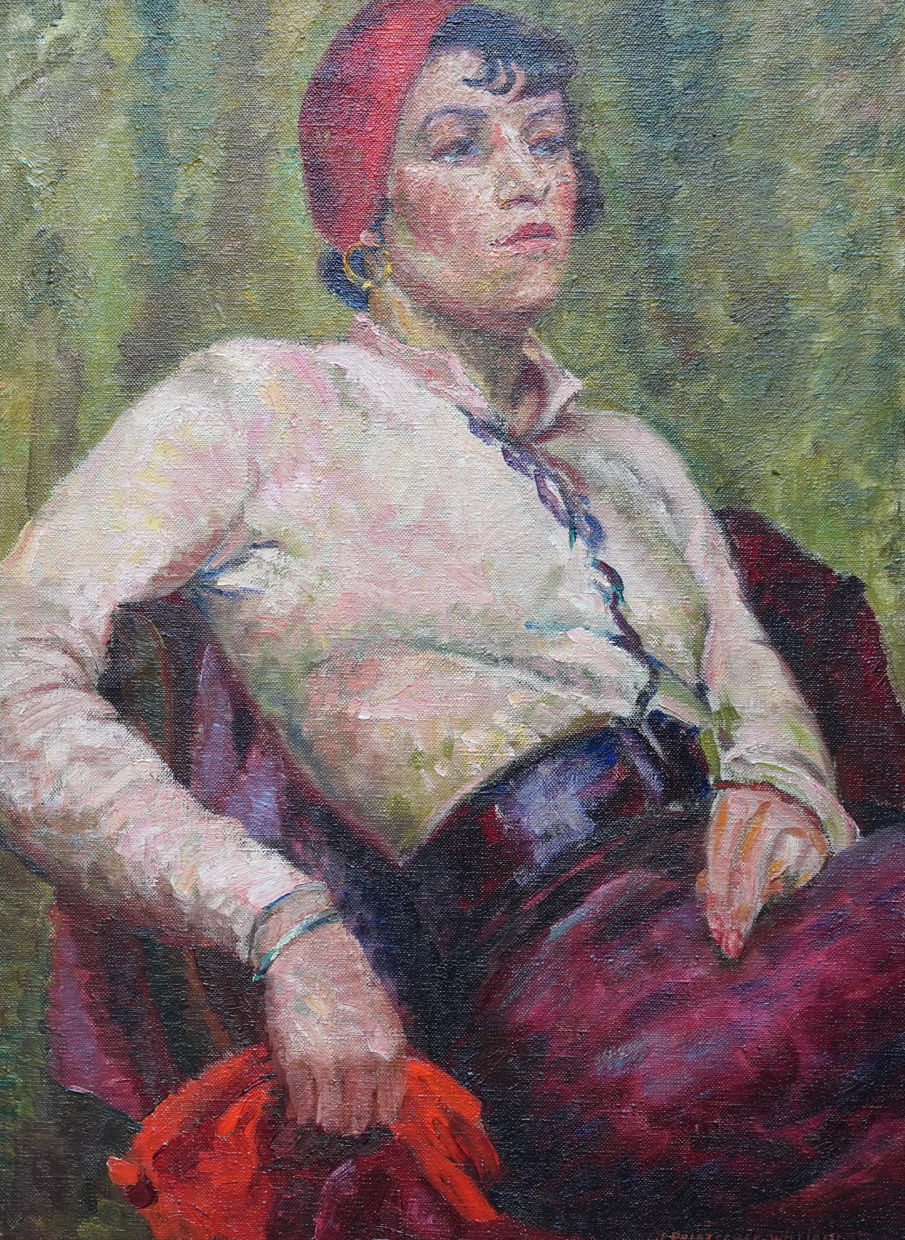 Portrait de Molly dans le Beret rouge - Peinture à l'huile Art déco britannique des années trente en vente 8