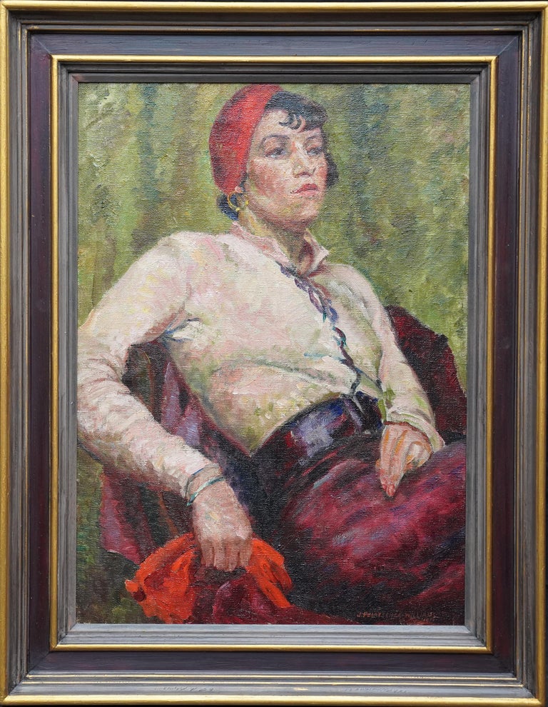 Portrait of Molly in Red Beret - British thirties Art Deco portrait oil painting For Sale 8