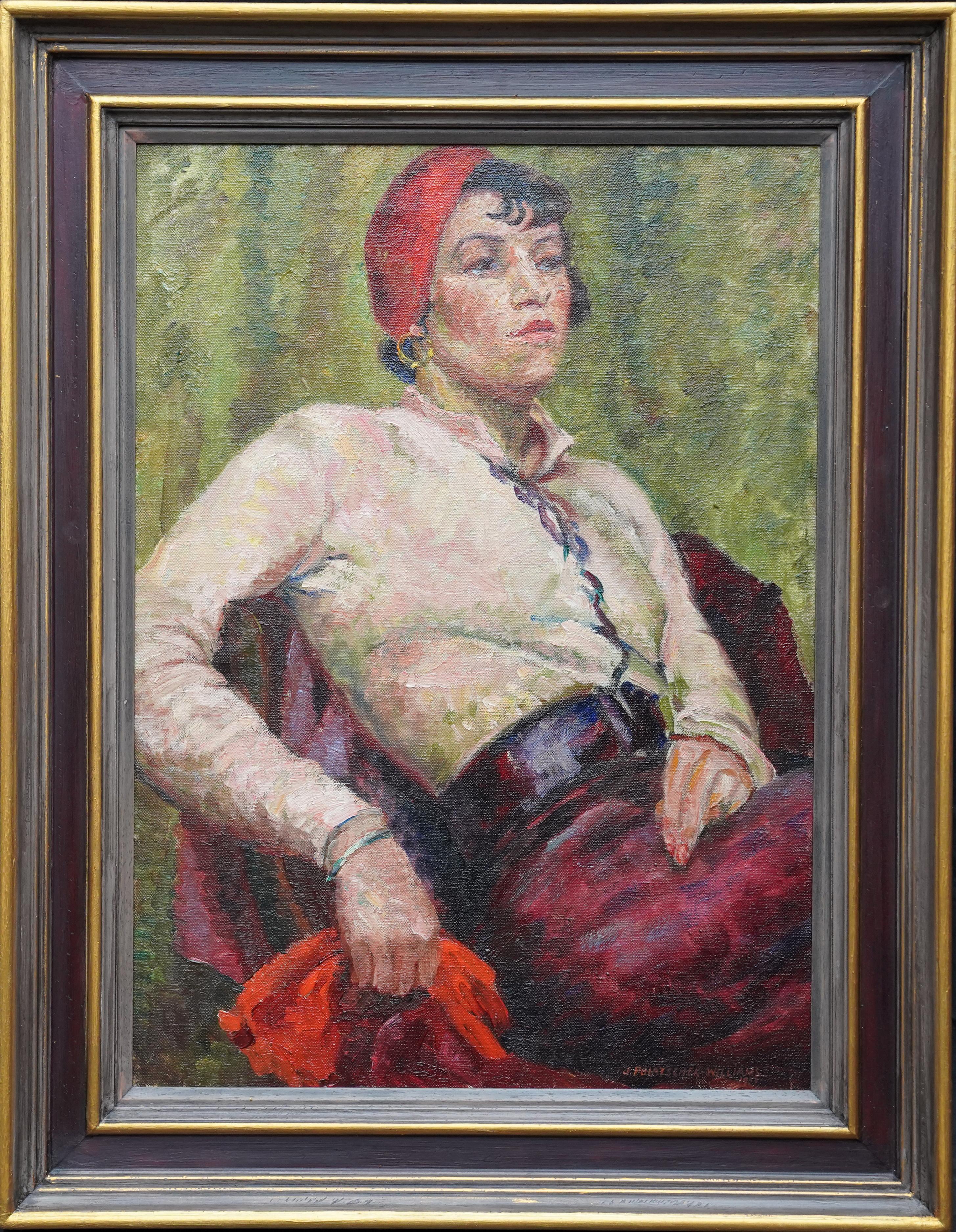 Portrait of Molly in Red Beret - British thirties Art Deco portrait oil painting For Sale 9