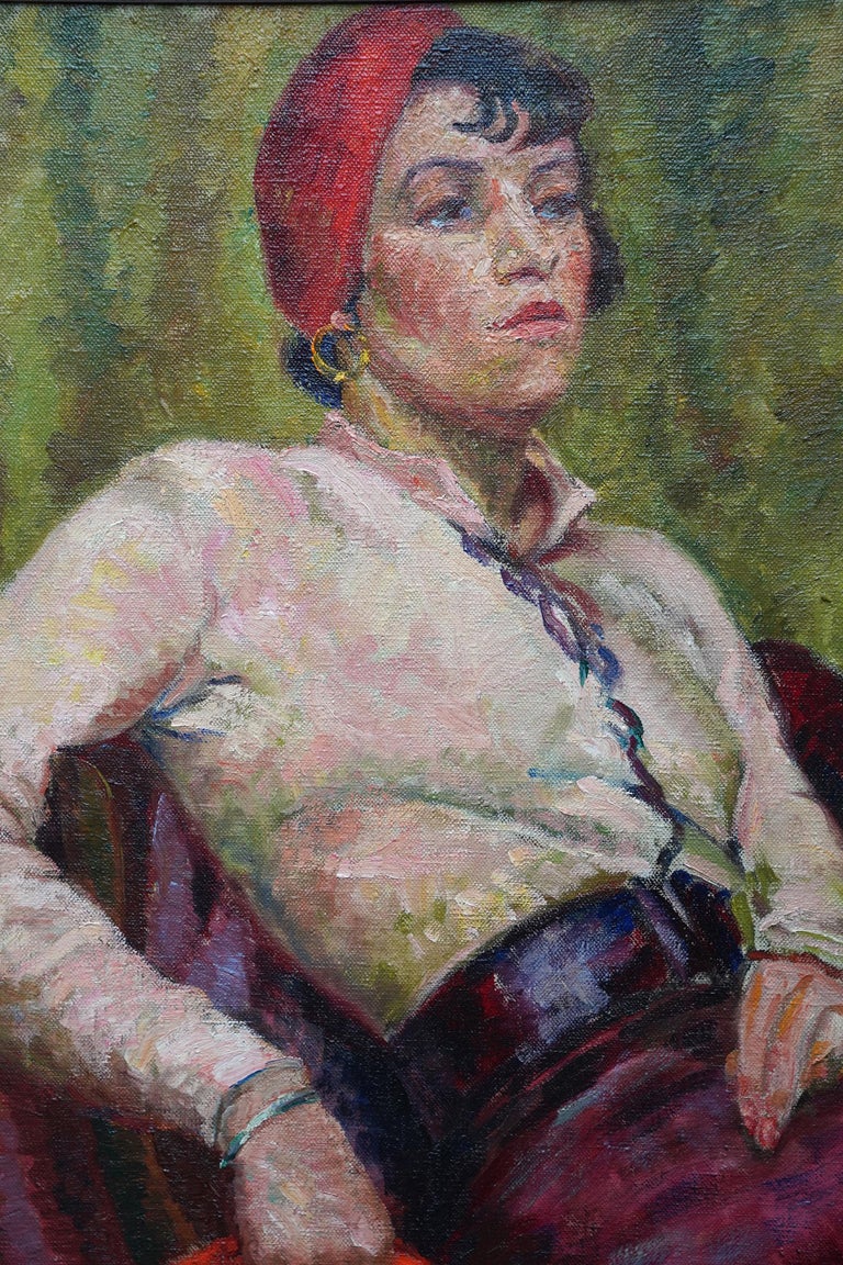Portrait of Molly in Red Beret - British thirties Art Deco portrait oil painting - Gray Portrait Painting by Jolan Polatschek Williams